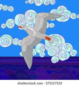 Flying seagull with high details. Colored hand drawn doodle oceanic bird. Sketch for tattoo, poster, print, t-shirt in zentangle style. Vector illustration.