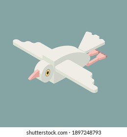 Flying seagull isometric icon. Hand drawn vector illustration. Flat colors.