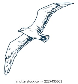 Flying seagull monochrome detailed logotype sea bird of prey at moment of flight with spread wings vector illustration