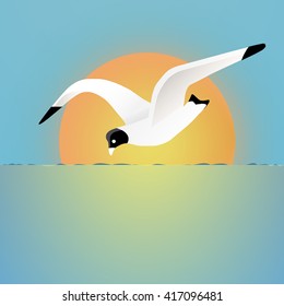 flying seagull on the background of the setting sun, evening seascape .Seagull fling (vector illustration)