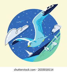 Flying seagull over the sea against the background of the starry sky, yachts and people who are resting