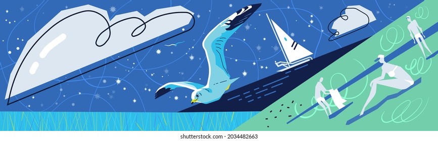 Flying seagull over the sea against the background of the starry sky, yacht and people who are resting. wide banner