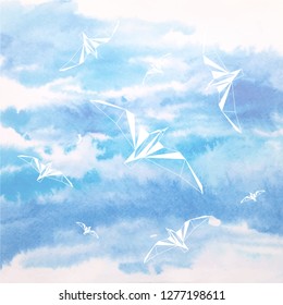 Flying seagull in the sky.  Vector origami bird. Watercolor painted sky with poly art birds. Modern design element