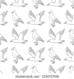 flying seagull and standing seagull hand draw sketch vector seamless pattern.