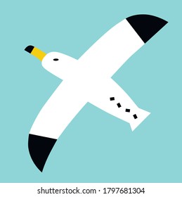 Flying seagull vector illustration. Bird clipart in children's abstract style. Seagull icon isolated on blue background