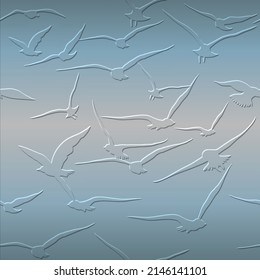 Flying seagulls 3d seamless pattern. Embossed ornamental flying birds background. Repeat vector emboss backdrop. Beautiful modern ornamental design. Endless texture with embossing effect.