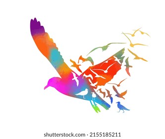 Flying seagulls abstract logo. Abstract colorful mosaic of flying birds. Vector illustration