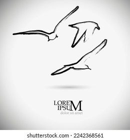 Flying seagulls logo with a brush line. Vector illustration