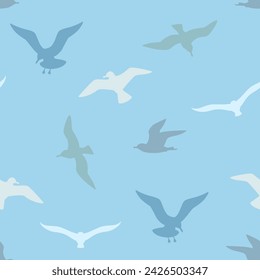 Flying seagulls seamless pattern. Vector background with silhouettes of sea birds on blue.