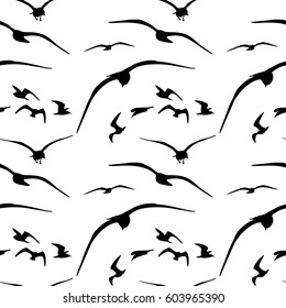 Flying seagulls silhouette seamless pattern. Black birds isolated on white background. Vector illustration
