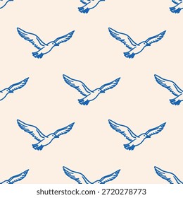 Gaivotas voadoras em um layout de repetição simples em fundo bege. Padrão perfeito para embalagens, têxteis, papéis de parede e projetos temáticos de verão.