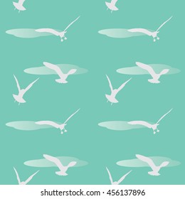 Flying seagulls. White silhouette of birds on a turquoise background. Vector seamless pattern.