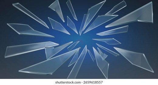 Fragmentos voladores de vidrio y luz. Ilustración vectorial