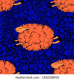 flying sheep on a blue background with curls. dancing sheep. soaring sheep. seamless pattern with sheeps. vector illustration.