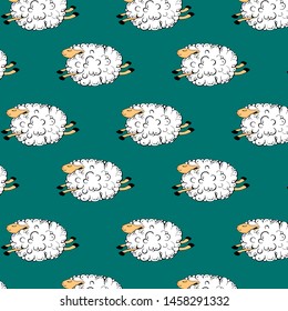 flying sheep on a green background. dancing sheep. soaring sheep. seamless pattern with sheeps. vector illustration.