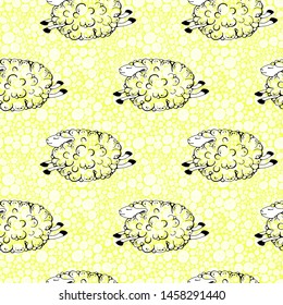 flying sheep on a yellow background with blue curls. dancing sheep. soaring sheep. seamless pattern with sheeps. vector illustration.