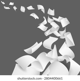 Flying sheets of paper. Realistic white blank 3D pages disappearing into distance. Bureaucracy archives. Folded office notepaper stream. Soaring scattered empty notes. Vector curled documents flow