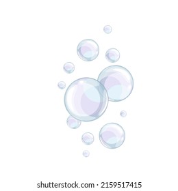 Flying shiny bubbles color vector illustration. Cleaning detergent large and small foamy bubbles in cartoon style, isolated