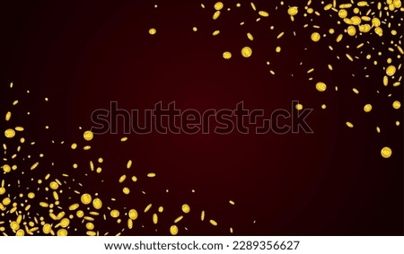 Flying Shiny Money Vector Red Background. Metal Jackpot Paper Poster. Golden Dollar Certificate. Falling Coin Banner.