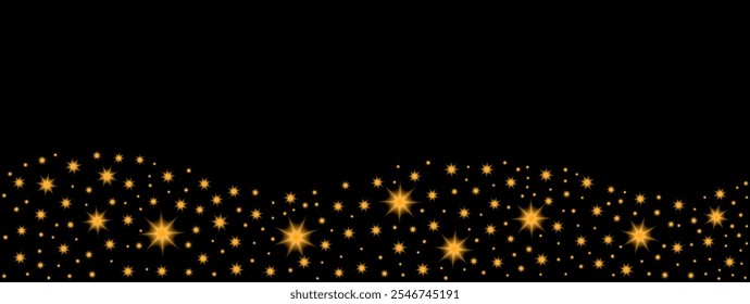 Flying shiny stars, blurry, sparkling Christmas confetti. Gold shimmering beautiful abstract border. Glittery holiday vector background.