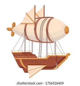 Flying ship airship. Futuristic ship with wings and balloon in technopunk style wooden hull with portholes and anchor balloon is fixed with vector chains hinged cartoon ladder.