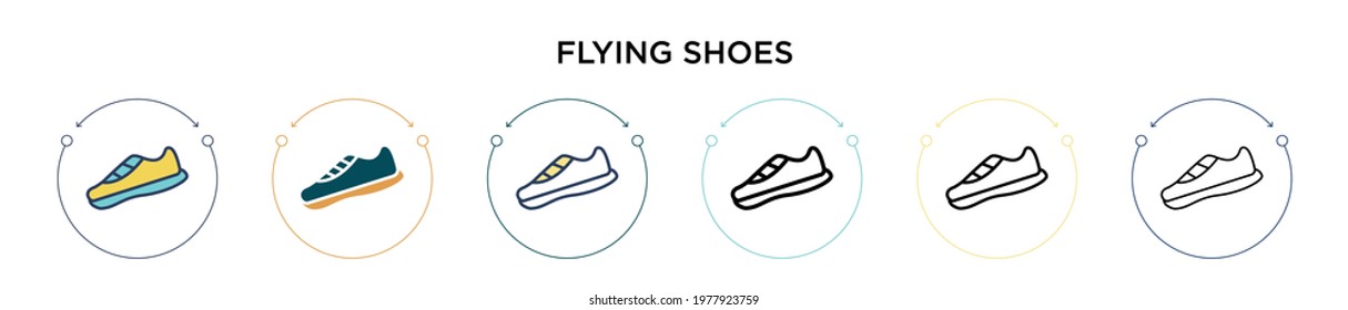 Flying shoes icon in filled, thin line, outline and stroke style. Vector illustration of two colored and black flying shoes vector icons designs can be used for mobile, ui, web