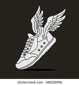 Flying shoes on a black background. Vector illustration drawn by hand.