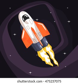 Flying Shuttle Spacecraft Fith Flames Coming From Engine
