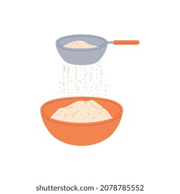 Flying sieve sifting flour into cooking bowl - food baking ingredient preparation stage with kitchen utensils. Isolated vector illustration of floating sift on white background.