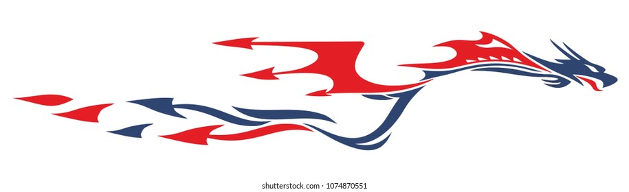 Flying silhouette of a blue-red dragon, on a white background. Vector illustration