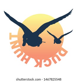 Flying silhouette ducks at sunset logo/icon design.