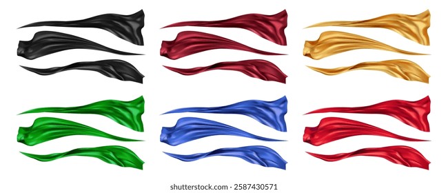 Flying silk, isolated set of luxurious drapery or curtains. Vector realistic 3d collection of fashionable silky clothes, ribbons or tissues. Moving cloaks or elegant fabric, curls and swirls