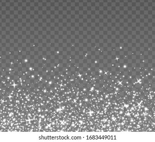 Flying silver sparkles, abstract luminous particles, white stardust isolated on a dark background. Christmas glares and sparks. Luxury backdrop. Vector illustration.