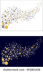 Flying silver stars and golden gifts. Vector illustration
