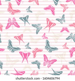 Flying simple butterfly silhouettes over horizontal stripes vector seamless pattern. Baby clothing textile print design. Stripes and butterfly winged insect silhouettes seamless design.