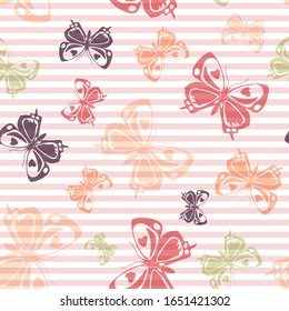 Flying simple butterfly silhouettes over horizontal stripes vector seamless pattern. Baby clothing textile print design. Lines and butterfly garden insect silhouettes seamless wallpaper.