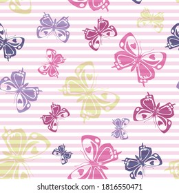 Flying simple butterfly silhouettes over horizontal stripes vector seamless pattern. Childish fashion fabric print design. Stripes and butterfly garden insect silhouettes seamless wrapping.