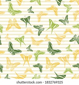 Flying simple butterfly silhouettes over horizontal stripes vector seamless pattern. Childish fashion textile print design. Stripes and butterfly winged insect silhouettes seamless design.