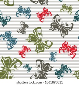 Flying simple butterfly silhouettes over striped background vector seamless pattern. Girlish fashion fabric print design. Lines and butterfly garden insect silhouettes seamless illustration.