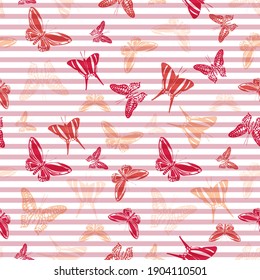 Flying simple butterfly silhouettes over horizontal stripes vector seamless pattern. Kids fashion textile print design. Stripes and butterfly winged insect silhouettes seamless design.