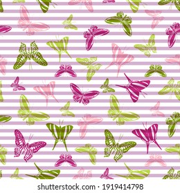 Flying simple butterfly silhouettes over horizontal stripes vector seamless pattern. Baby clothing textile print design. Lines and butterfly winged insect silhouettes seamless pattern.
