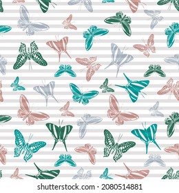 Flying simple butterfly silhouettes over horizontal stripes vector seamless pattern. Girlish fashion textile print design. Lines and butterfly garden insect silhouettes seamless wallpaper.