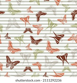 Flying simple butterfly silhouettes over striped background vector seamless pattern. Girlish fashion fabric print design. Lines and butterfly garden insect silhouettes seamless illustration.