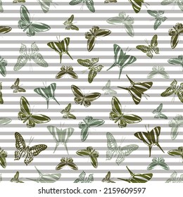 Flying simple butterfly silhouettes over striped background vector seamless pattern. Vintage fabric print design. Stripes and butterfly garden insect silhouettes seamless pattern.
