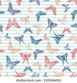 Flying simple butterfly silhouettes over striped background vector seamless pattern. Kids fashion fabric print design. Lines and butterfly winged insect silhouettes seamless wallpaper.