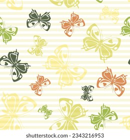 Flying simple butterfly silhouettes over horizontal stripes vector seamless pattern. Vintage fabric print design. Lines and butterfly garden insect silhouettes seamless pattern.