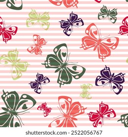 Flying simple butterfly silhouettes over striped background vector seamless pattern. Baby clothing fabric print design. Stripes and butterfly garden insect silhouettes seamless wallpaper.