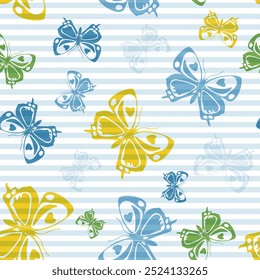 Flying simple butterfly silhouettes over striped background vector seamless pattern. Kids fashion fabric print design. Stripes and butterfly winged insect silhouettes seamless pattern.