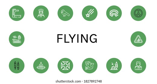 conjunto de iconos sencillos y ondulantes. Contiene íconos como Trampoline, Pilot, Parrot, Shooting star, Peace, Feathers, Ufo, Portugal cross, Dove, Feather, que se pueden usar para web, móvil y logotipo