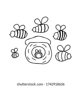 Flying simple little bees. Hand drawn doodle insects isolated on white background. Vector illustration.